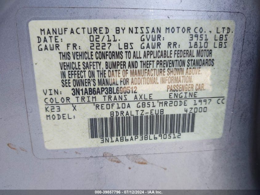2011 Nissan Sentra 2.0S VIN: 3N1AB6AP3BL690512 Lot: 39857796