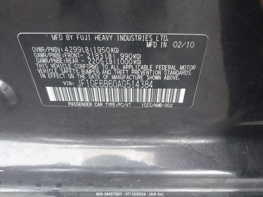 2010 Subaru Impreza 2.5I Premium VIN: JF1GE6B60AG514384 Lot: 39857801