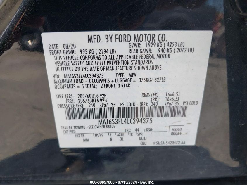 2020 Ford Ecosport S VIN: MAJ6S3FL4LC394375 Lot: 39857808