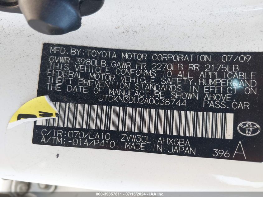 2010 Toyota Prius Iv VIN: JTDKN3DU2A0038744 Lot: 39857811