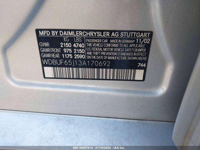 2003 Mercedes-Benz E 320 320 VIN: WDBUF65J13A170692 Lot: 39857814