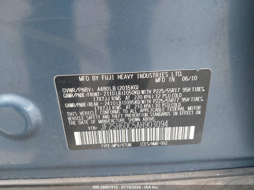 2010 Subaru Forester 2.5X Limited VIN: JF2SH6DC5AH903094 Lot: 39841205