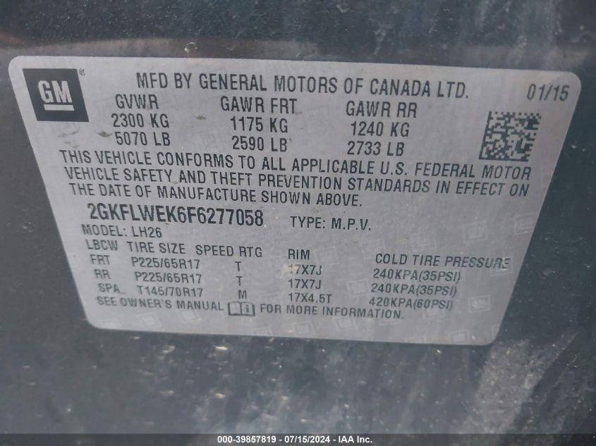 2015 GMC Terrain Sle-2 VIN: 2GKFLWEK6F6277058 Lot: 39857819