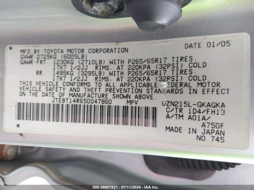 2005 Toyota 4Runner Sr5 Sport V8 VIN: JTEBT14R650047860 Lot: 39857821