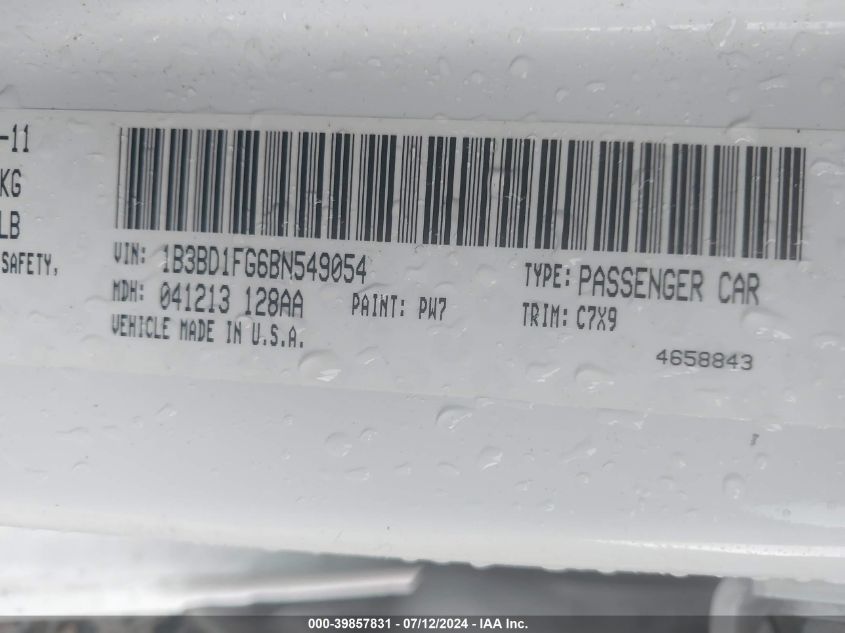 2011 Dodge Avenger Mainstreet VIN: 1B3BD1FG6BN549054 Lot: 39857831