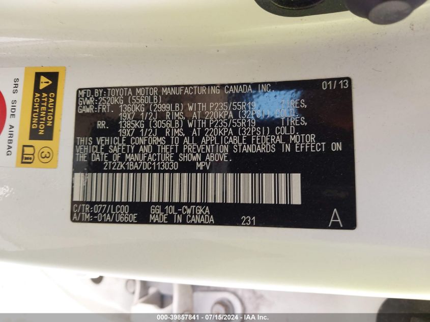 2013 Lexus Rx 350 VIN: 2T2ZK1BA7DC113030 Lot: 39857841