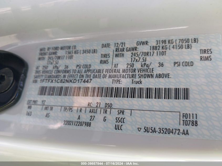 2022 Ford F-150 Xl VIN: 1FTFX1C82NKD17447 Lot: 39857844