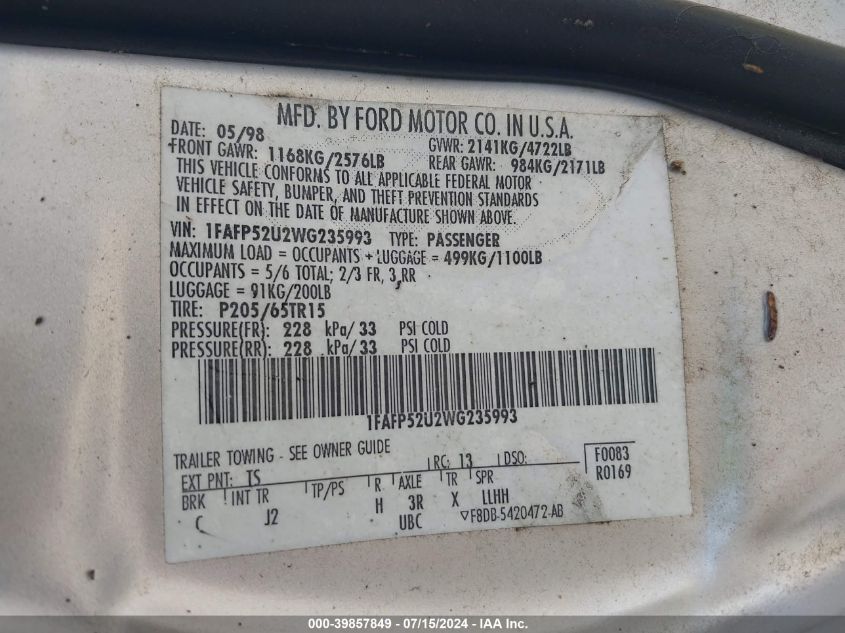 1998 Ford Taurus Lx/Se VIN: 1FAFP52U2WG235993 Lot: 39857849