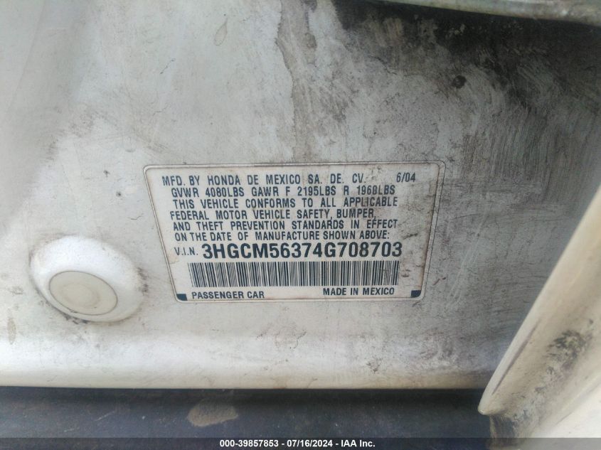 2004 Honda Accord 2.4 Lx VIN: 3HGCM56374G708703 Lot: 39857853