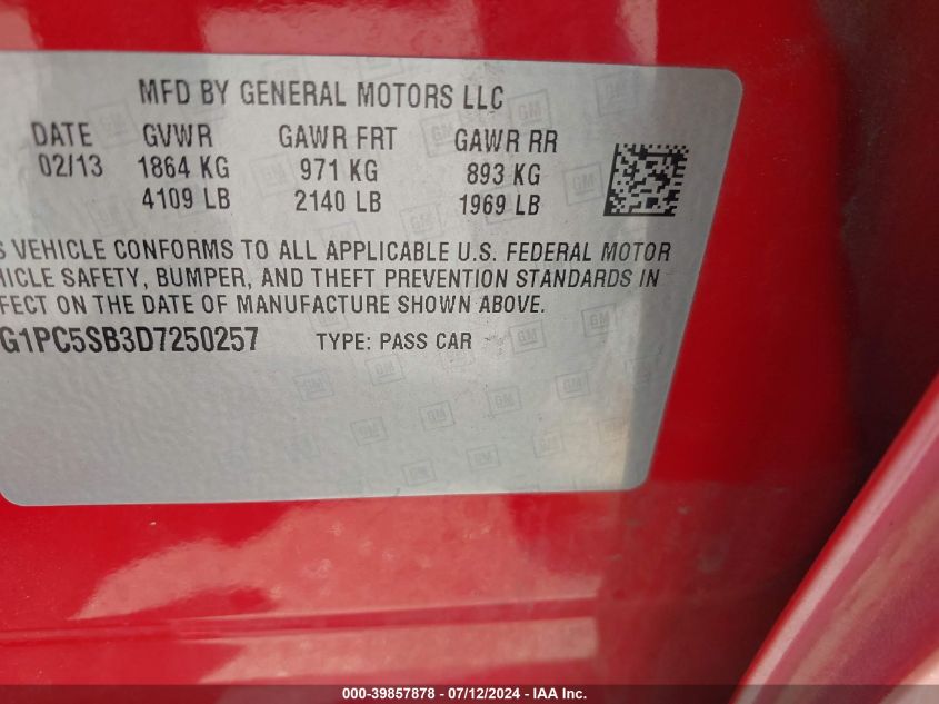 2013 Chevrolet Cruze 1Lt Auto VIN: 1G1PC5SB3D7250257 Lot: 39857878