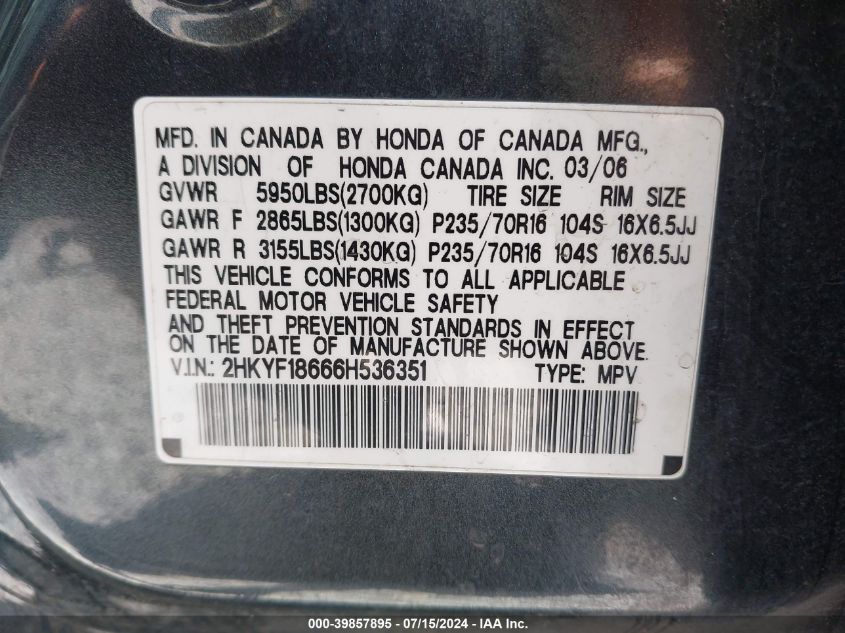 2006 Honda Pilot Ex-L VIN: 2HKYF18666H536351 Lot: 39857895