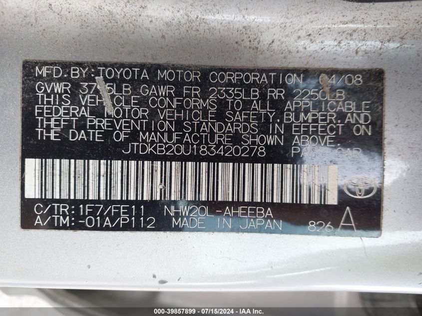 2008 Toyota Prius VIN: JTDKB20U183420278 Lot: 39857899