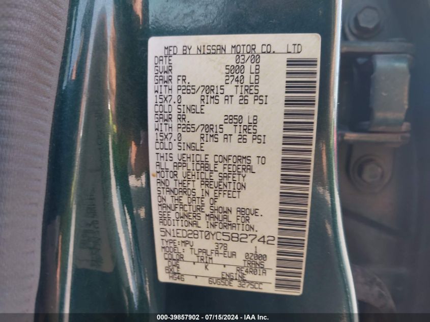 2000 Nissan Xterra Se/Xe VIN: 5N1ED28T0YC582742 Lot: 39857902
