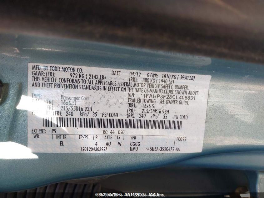 2012 Ford Focus Se VIN: 1FAHP3F28CL408831 Lot: 39857906