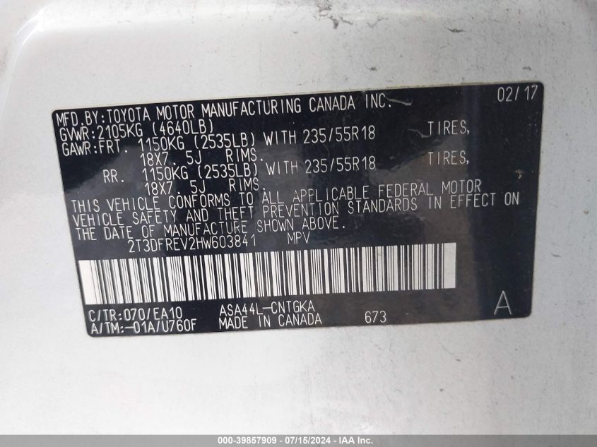 2017 Toyota Rav4 Limited VIN: 2T3DFREV2HW603841 Lot: 39857909