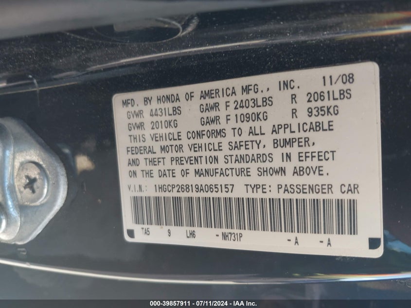 2009 Honda Accord 2.4 Ex-L VIN: 1HGCP26819A065157 Lot: 39857911