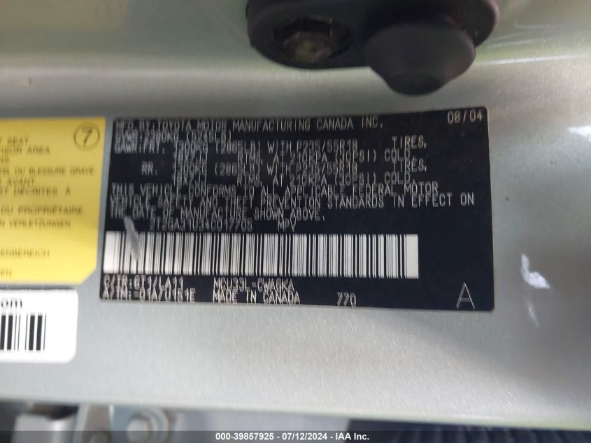 2004 Lexus Rx 330 VIN: 2T2GA31U34C017705 Lot: 39857925