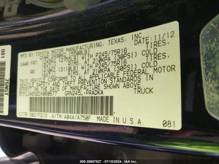 2013 Toyota Tacoma Base V6 VIN: 5TFLU4EN2DX060677 Lot: 39857927