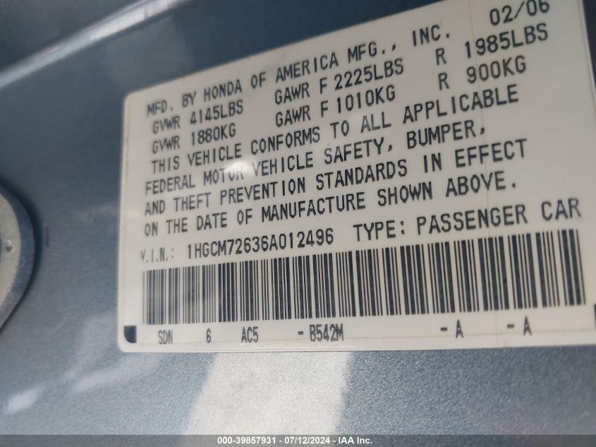 2006 Honda Accord 2.4 Ex VIN: 1HGCM72636A012496 Lot: 39857931