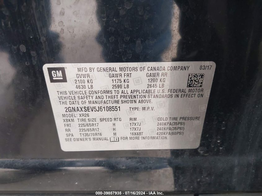 2018 Chevrolet Equinox Lt VIN: 2GNAXSEV5J6108551 Lot: 39857935