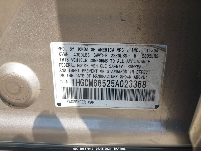 2005 Honda Accord 3.0 Ex VIN: 1HGCM66525A023368 Lot: 39857942