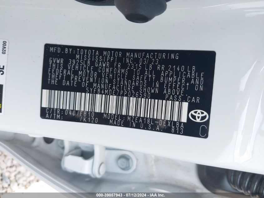 2023 TOYOTA COROLLA LE - 5YFB4MDE7PP026590