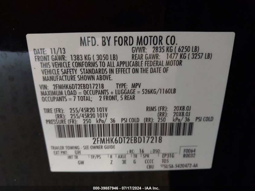 2014 Ford Flex Limited VIN: 2FMHK6DT2EBD17218 Lot: 39857946