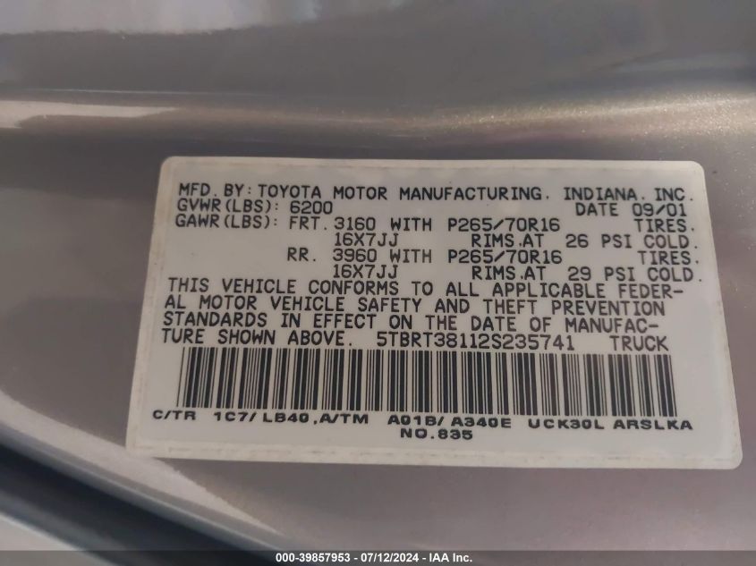 2002 Toyota Tundra Ltd V8 VIN: 5TBRT38112S235741 Lot: 39857953