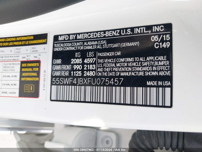 2015 Mercedes-Benz C 300 Luxury/Sport VIN: 55SWF4JBXFU075457 Lot: 39857963