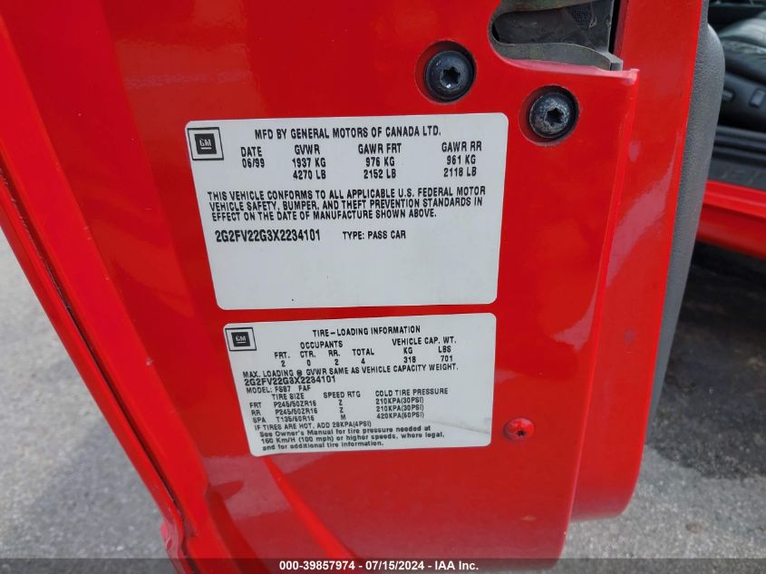 1999 Pontiac Firebird Trans Am VIN: 2G2FV22G3X2234101 Lot: 39857974