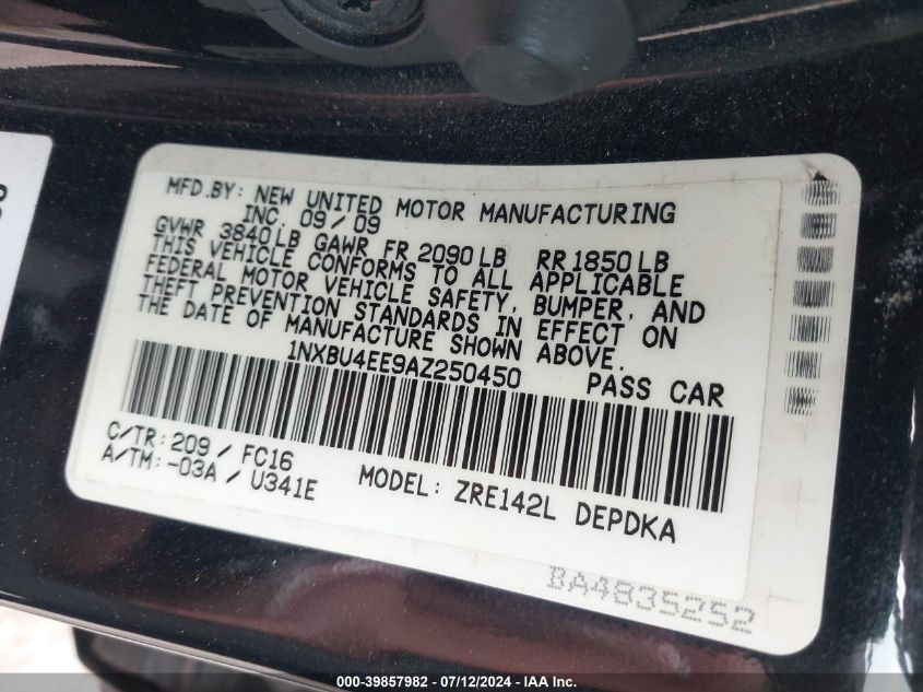 2010 Toyota Corolla Le VIN: 1NXBU4EE9AZ250450 Lot: 39857982