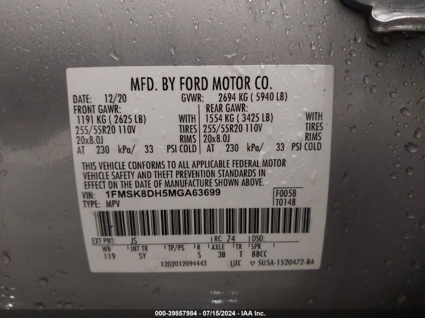 2021 Ford Explorer Xlt VIN: 1FMSK8DH5MGA63699 Lot: 39857984