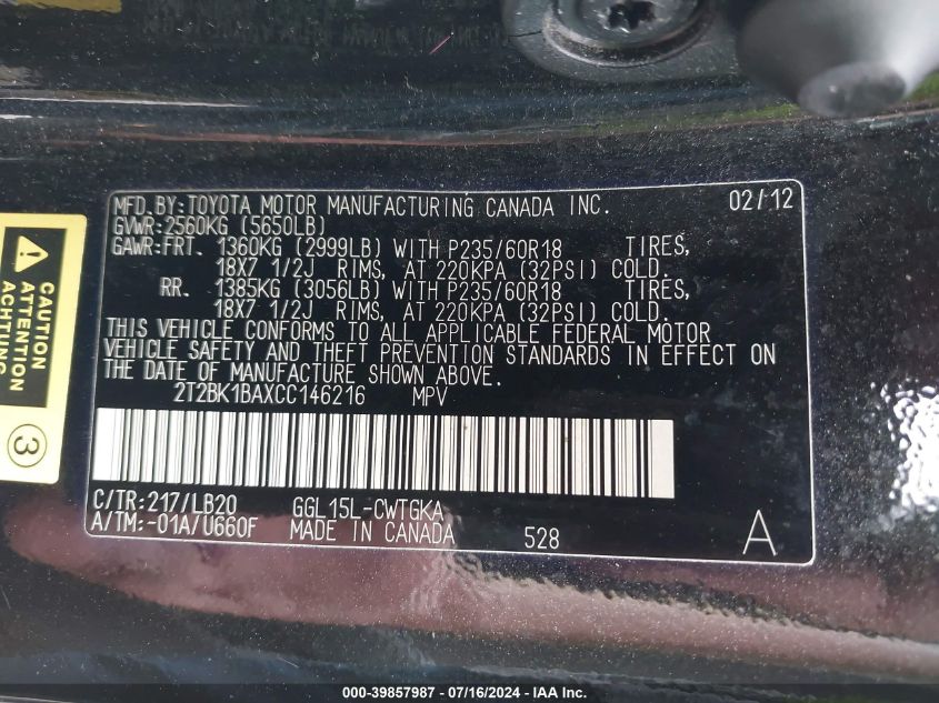 2012 Lexus Rx 350 VIN: 2T2BK1BAXCC146216 Lot: 39857987