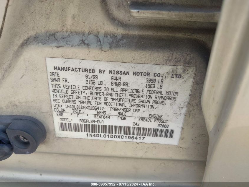 1999 Nissan Altima Gle/Gxe/Se/Se-L/Xe VIN: 1N4DL01D0XC196417 Lot: 39857992