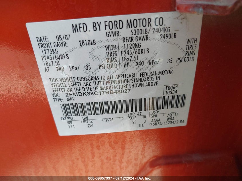 2007 Ford Edge Sel VIN: 2FMDK38C17BB48027 Lot: 39857997