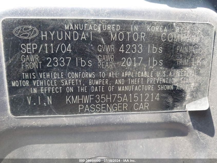 2005 Hyundai Sonata Gls/Lx VIN: KMHWF35H75A151214 Lot: 39858000