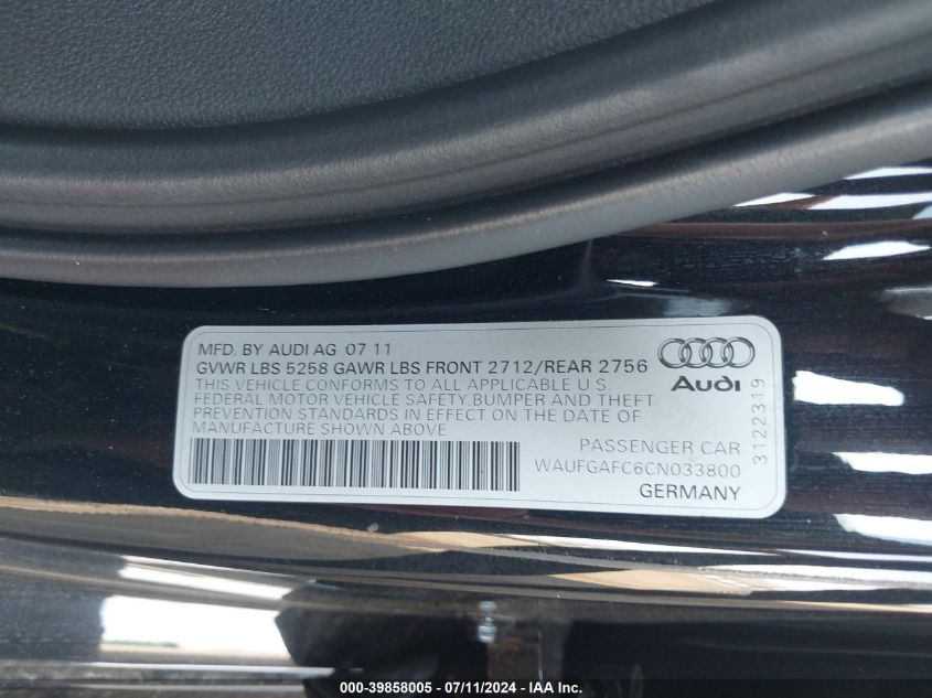 2012 Audi A6 3.0 Premium VIN: WAUFGAFC6CN033800 Lot: 39858005