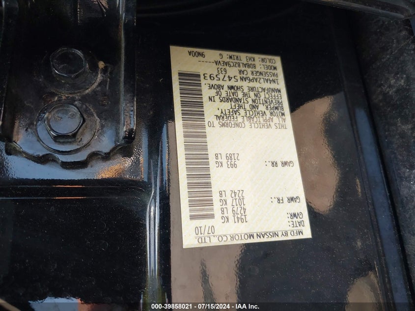 2010 Nissan Altima 2.5 S VIN: 1N4AL2AP6AN547593 Lot: 39858021