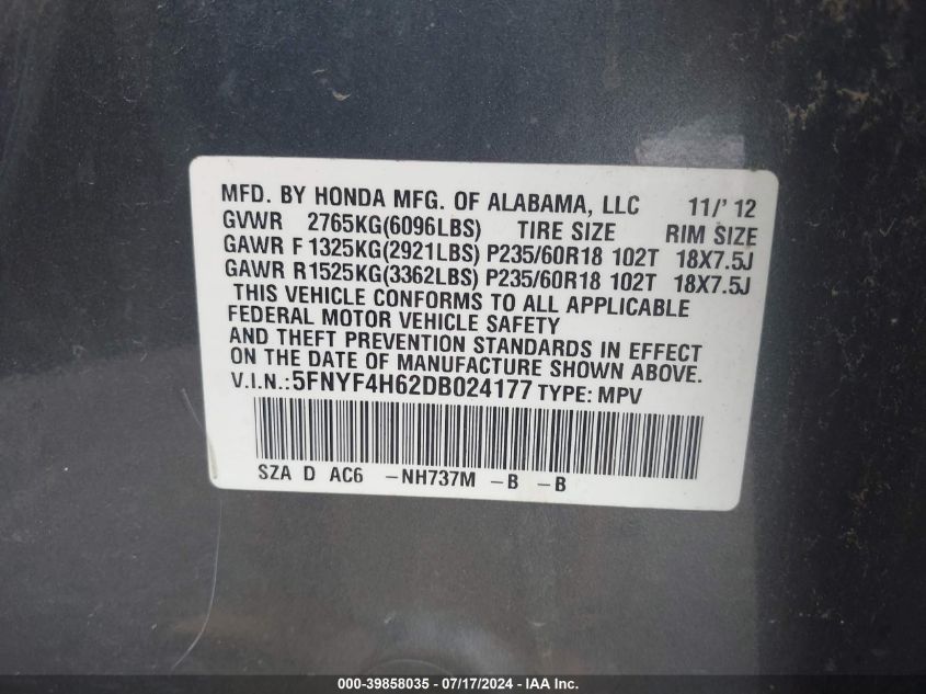 2013 Honda Pilot Exl VIN: 5FNYF4H62DB024177 Lot: 39858035