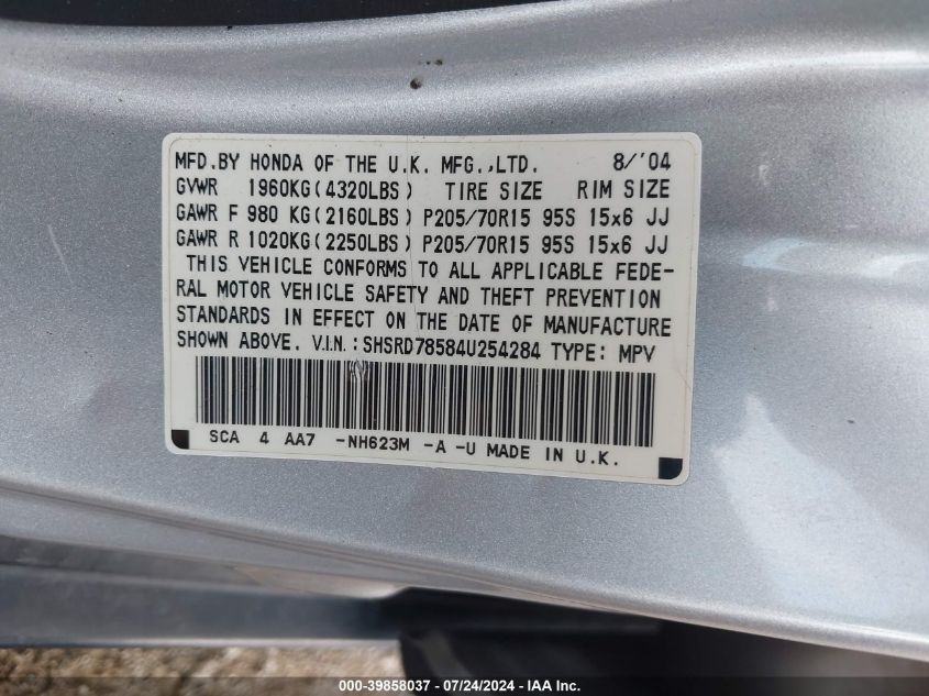 2004 Honda Cr-V Lx VIN: SHSRD78584U254284 Lot: 39858037