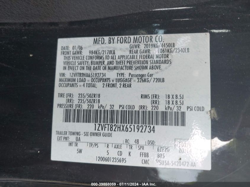 2006 Ford Mustang Gt VIN: 1ZVFT82HX65192734 Lot: 39858059