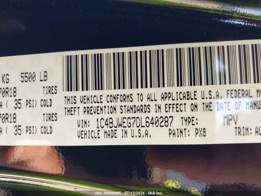 2013 Jeep Wrangler Unlimited Sahara VIN: 1C4BJWEG7DL640287 Lot: 39858060