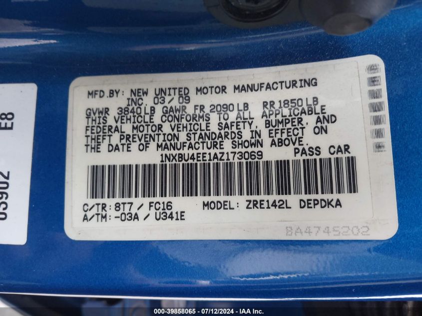 2010 Toyota Corolla Le VIN: 1NXBU4EE1AZ173069 Lot: 39858065