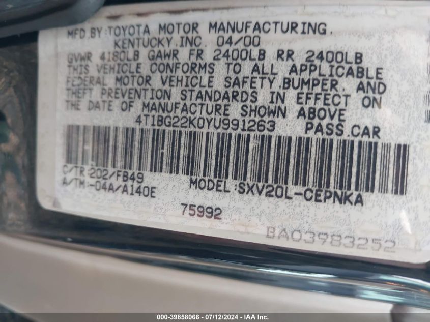 2000 Toyota Camry Ce/Le/Xle VIN: 4T1BG22K0YU991263 Lot: 39858066