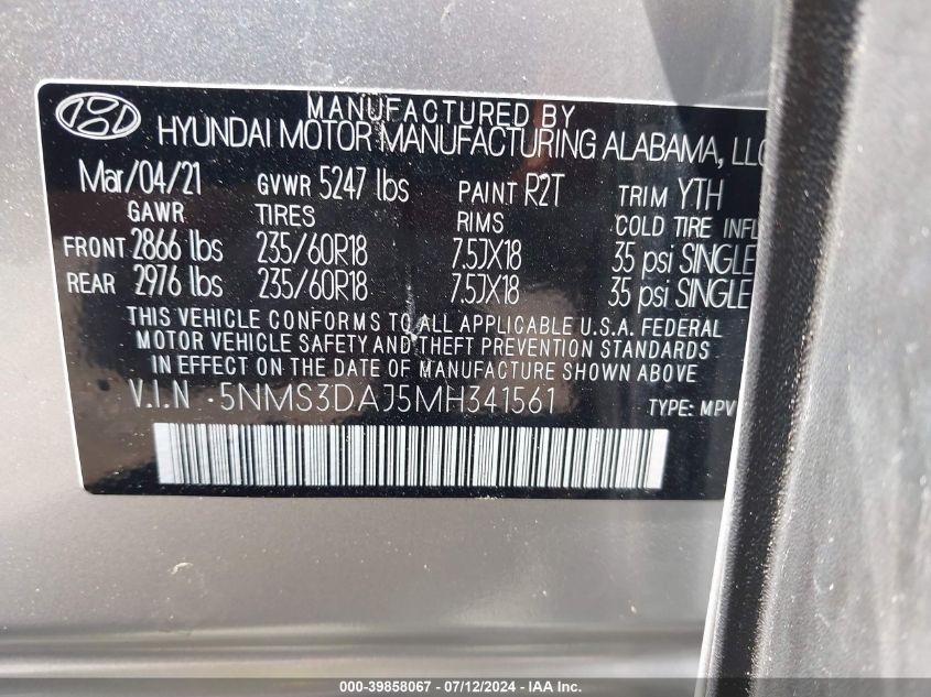 2021 Hyundai Santa Fe Sel VIN: 5NMS3DAJ5MH341561 Lot: 39858067