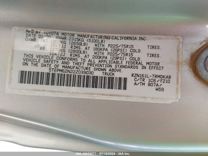 2002 Toyota Tacoma VIN: 5TEPM62N22Z039030 Lot: 39858071
