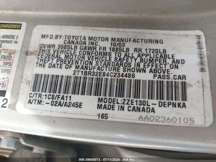 2004 Toyota Corolla Le VIN: 2T1BR32E84C234486 Lot: 39858073