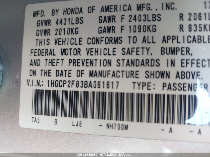 2011 Honda Accord Exl VIN: 1HGCP2F83BA061617 Lot: 39858094