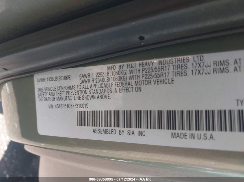 2007 Subaru Outback 2.5I VIN: 4S4BP61C677310019 Lot: 39858095