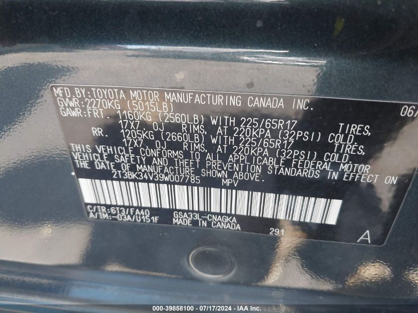 2009 Toyota Rav4 Limited V6 VIN: 2T3BK34V39W007785 Lot: 39858100